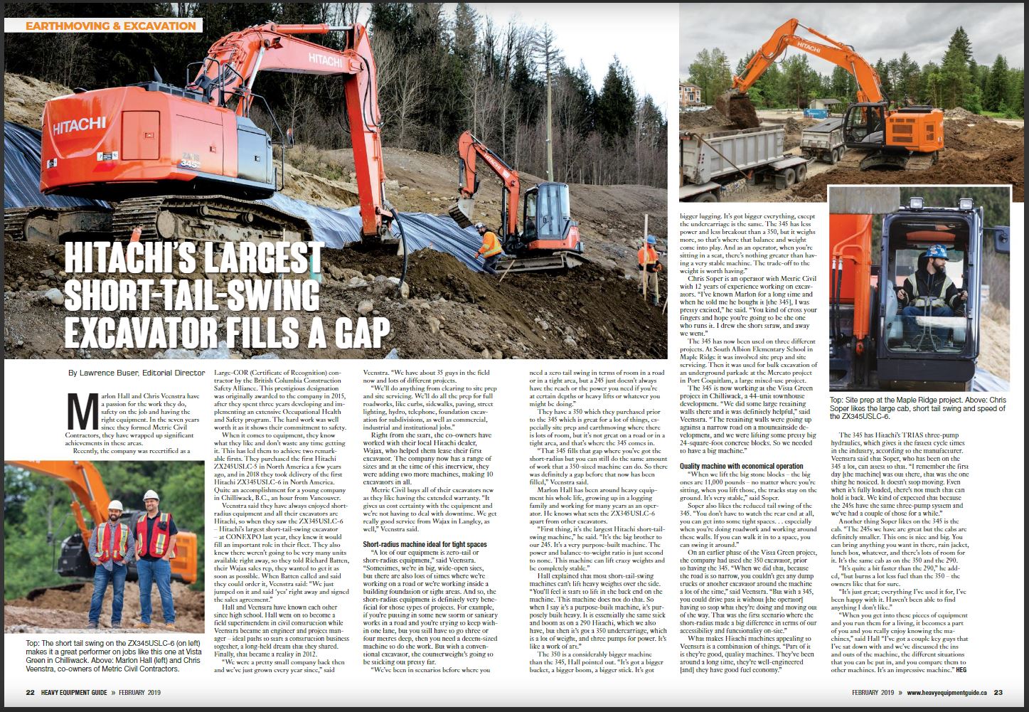 Metric heavy equipment excavation. Heavy Equipment magazine pages featuring Metric Civil's excavators.